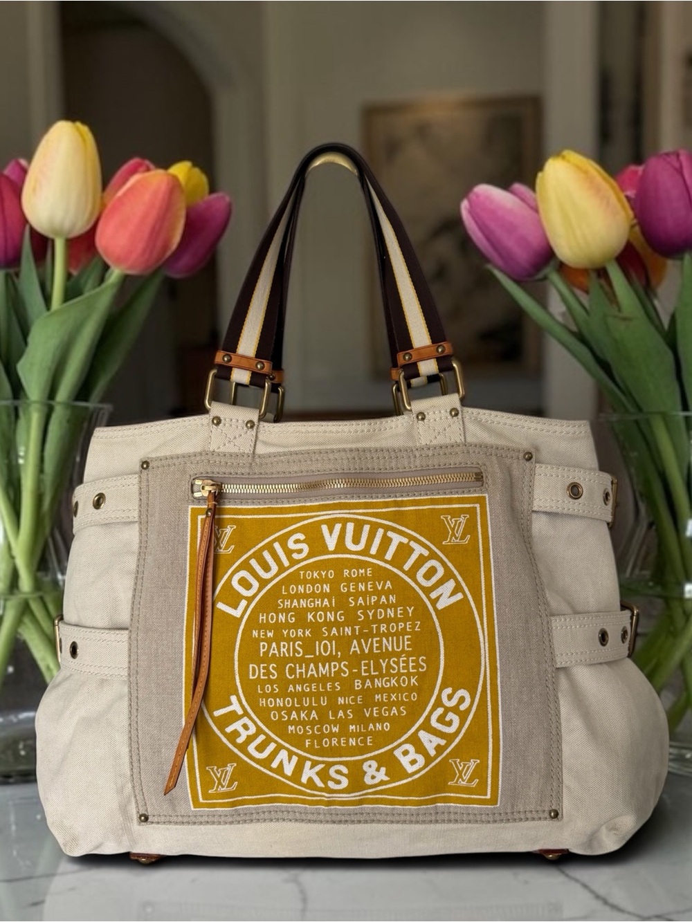 Louis Vuitton Limited Edition Yellow Globe Shopper GM Canvas Tote Bag W/ COA